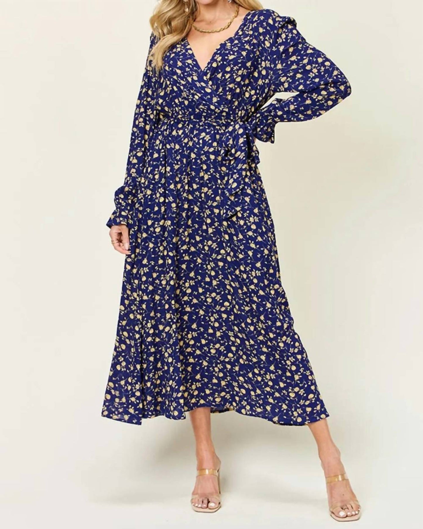 Double Take - Women's Full Size Tie Back Flounce Sleeve Dress