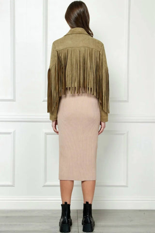 Trendsi - Veveret Suede Fringe Long Sleeve Moto Jacket