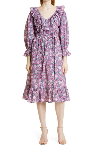 MILLE June Floral Print Ruffle Cotton Dress in Purple Rose, Size Medium