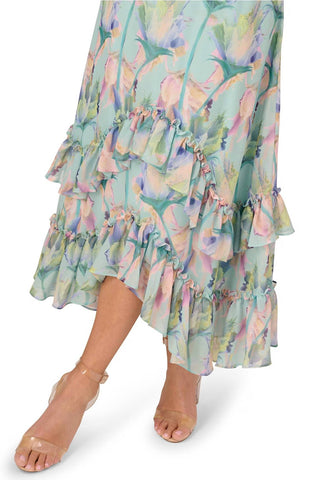 Adrianna Papell - Floral Print Chiffon V-neck Sleeveless Ruffle Trim Midi Dress