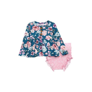 Keisha Floral Peplum Top with Ruffle Bloomers - Open Blue, Size 18-24M