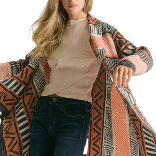 Davi & Dani - Printed Shawl Fringed Hem Cardigan