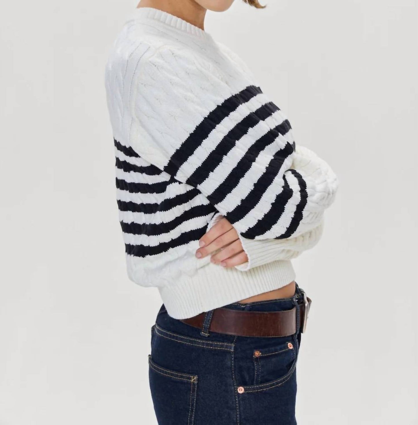 Frankies Bikinis - Varsity Striped Cable Knit Sweater