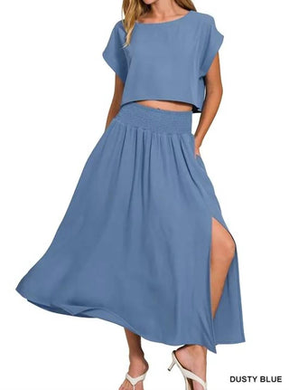 Zenana - Woven Crinkle Gauze Crop Tee And Skirt Set