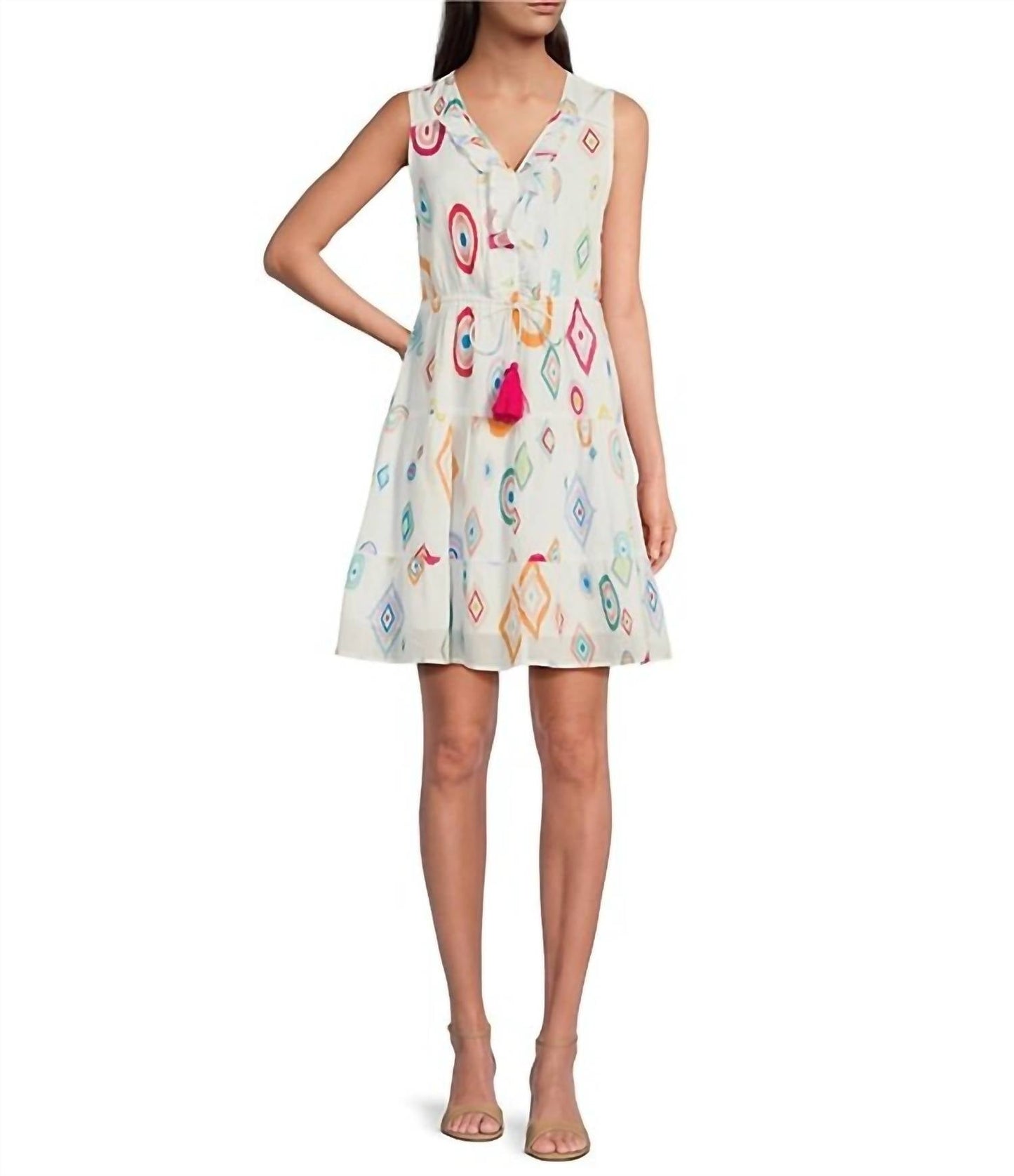 Charlie B - Abstract Printed V-neck Sleeveless Flare Dress