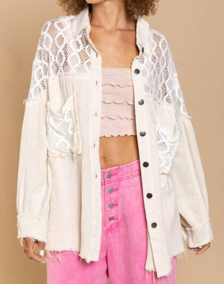 Pol - Oversized Lace Accent Button Down Shirt