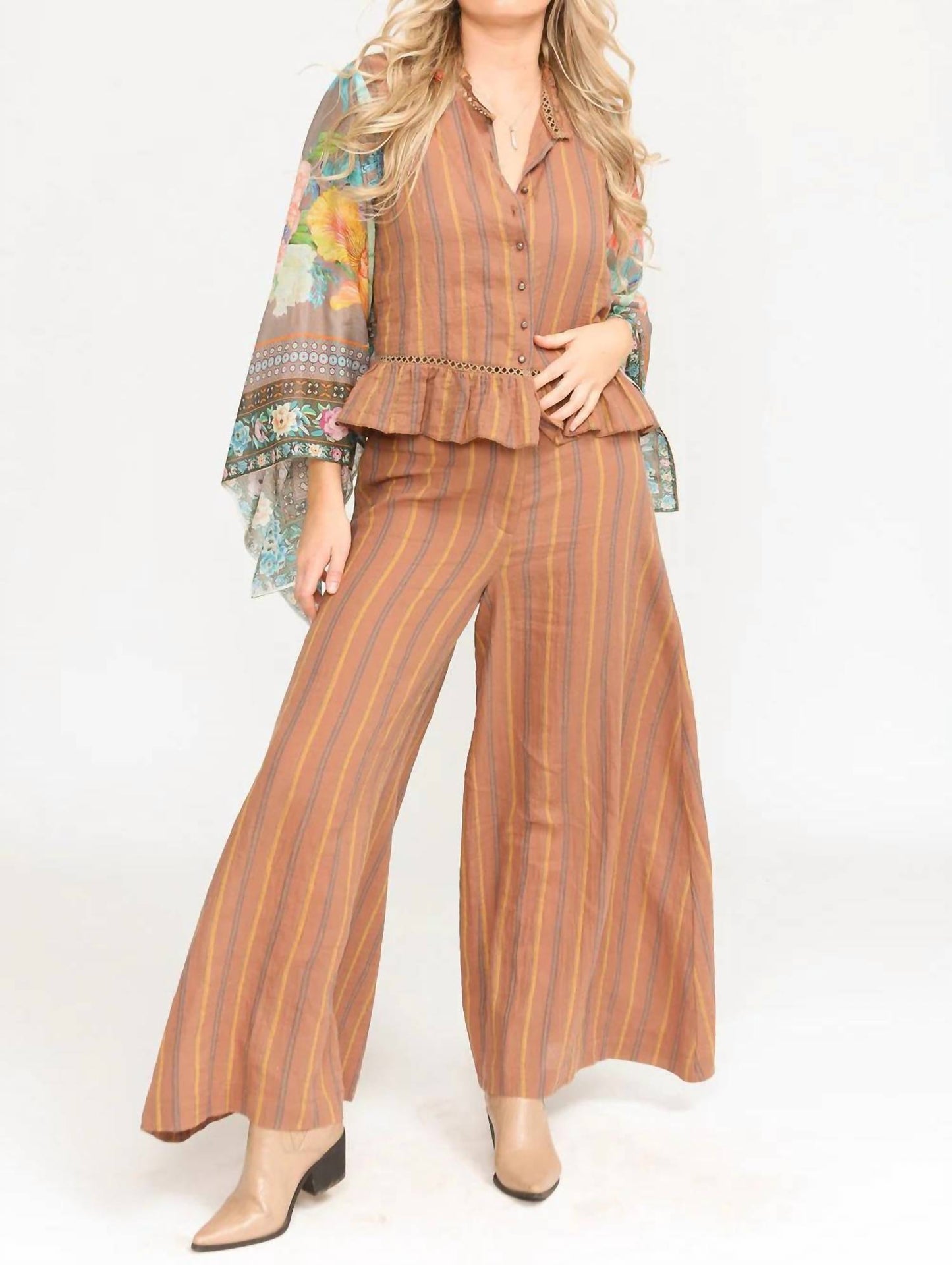 Aratta - Mariah Wide Leg Pants With Sequin Embroidered Floral Trim On Waistband
