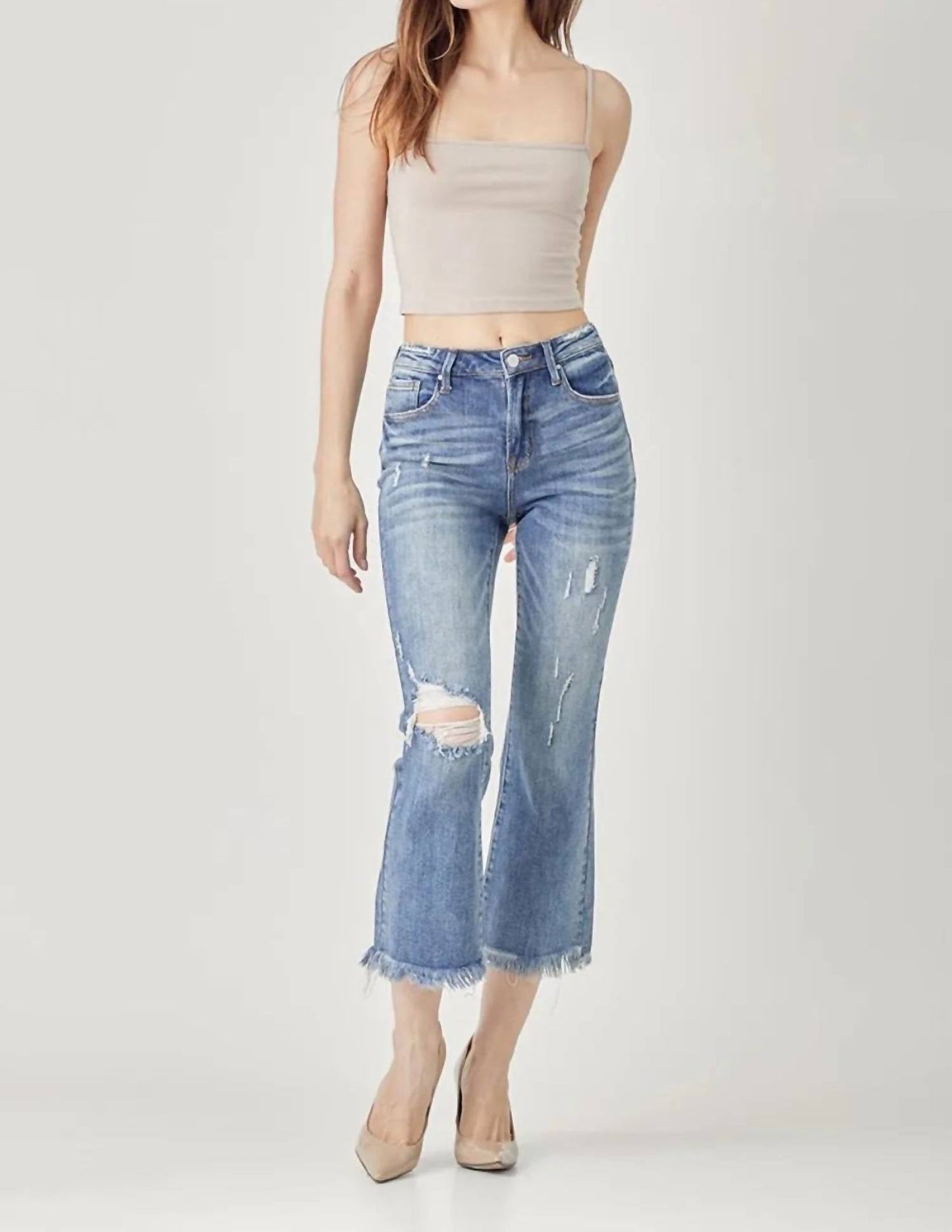 Risen - High Waist Distressed Cropped Bootcut Jeans