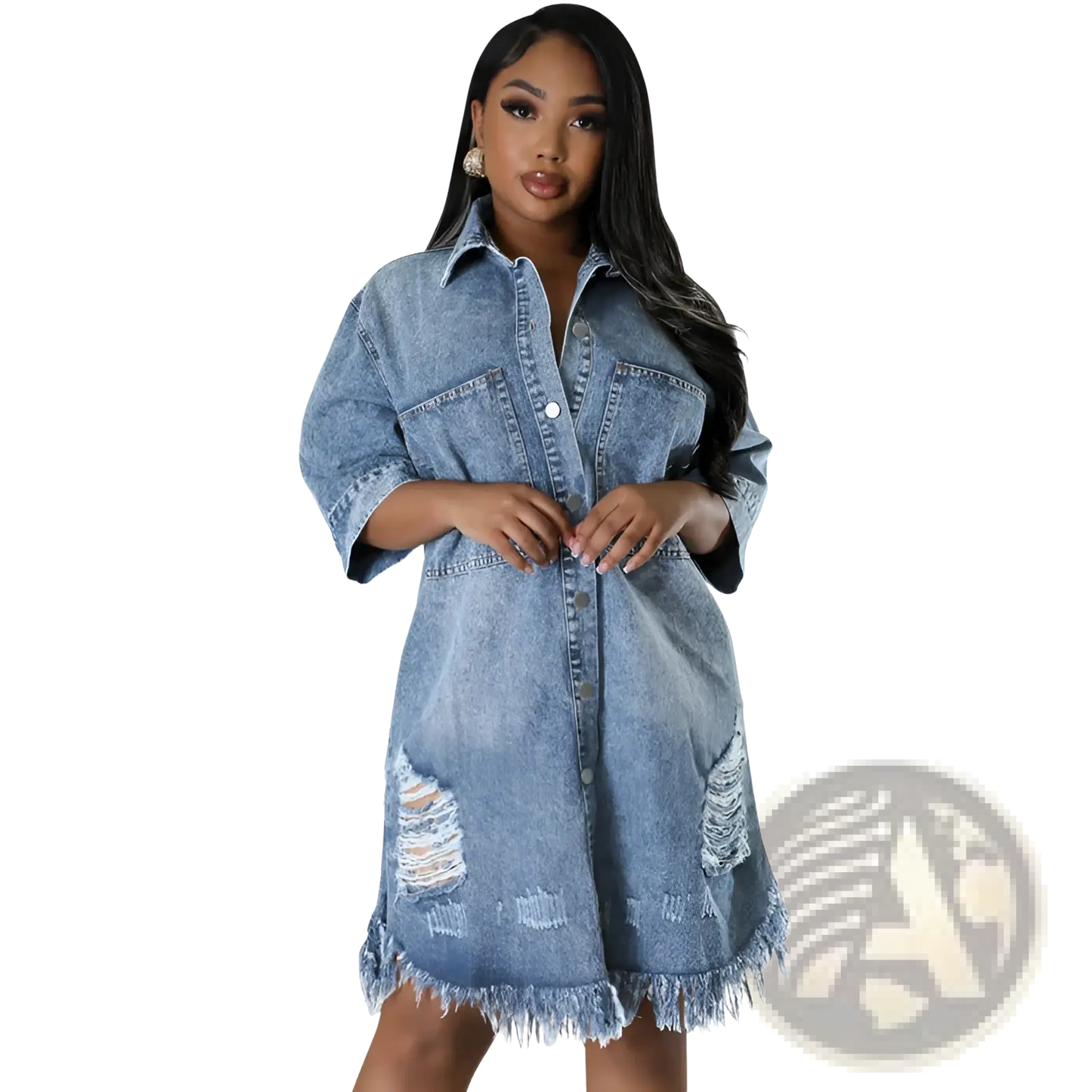 Distressed Frayed Hem Denim Midi Shirt Dress