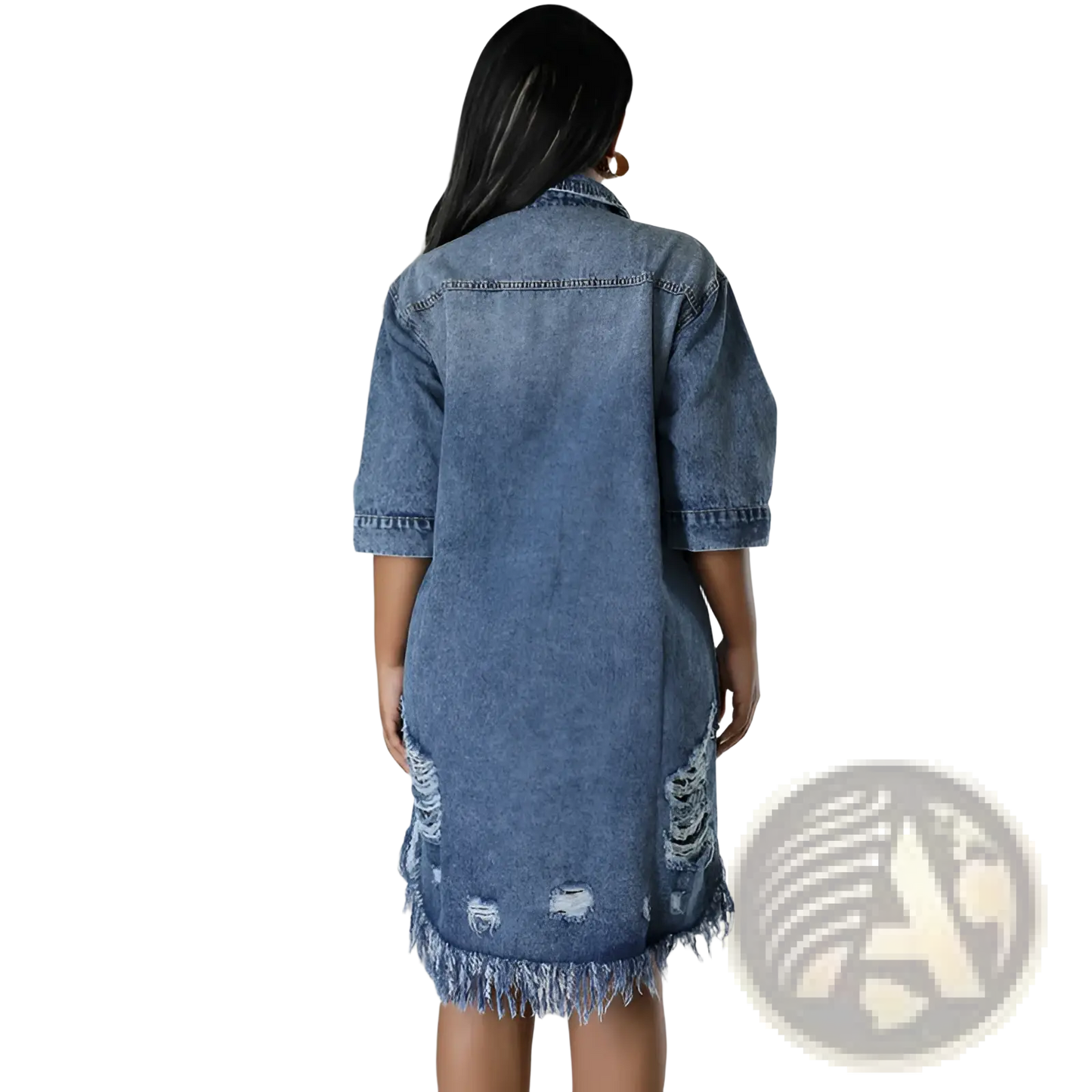 Distressed Frayed Hem Denim Midi Shirt Dress