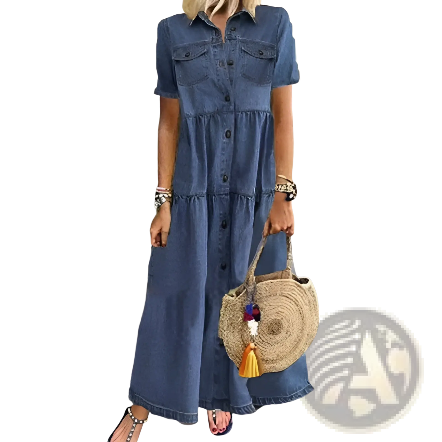 Distressed Multi Buckle Tiered Denim Maxi Shirt Dress