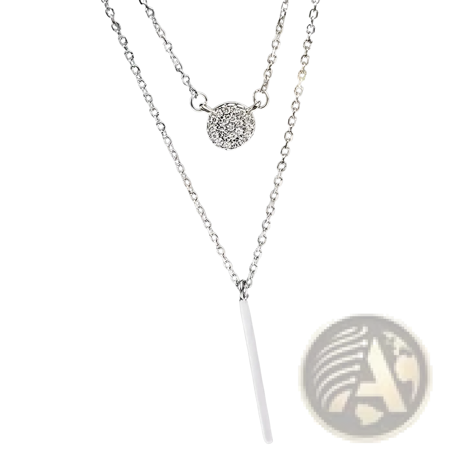 Double Layer Silver Pave Zircon Round and Bar Pendant Necklace