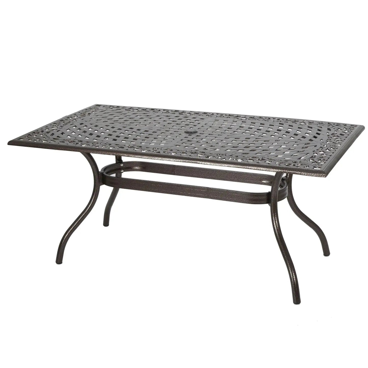 Celestine Outdoor Cast Aluminum Dining Table with Floral Lattice and Umbrella Holder