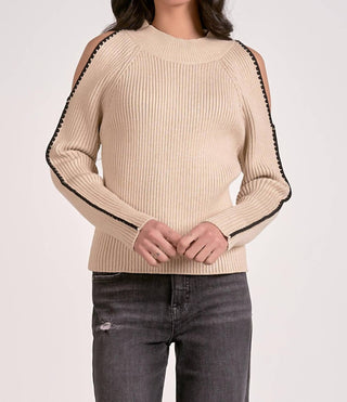 Elan - Contrast Trim Cold Shoulder Sweater