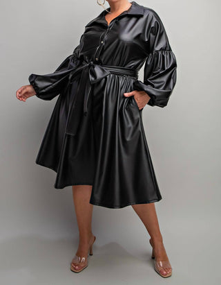 The Curve La - Plus Size Faux Leather Button Front Fit Flare Dress