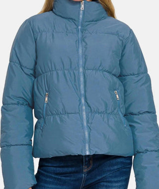 Zenana - Zip Up Turtleneck Puffer Jacket With Pockets