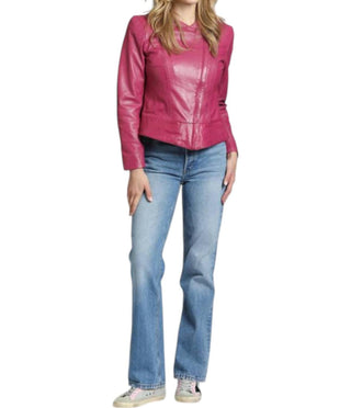 11 Uptown - Cropped Collarless Lamb Leather Zip Up Jacket