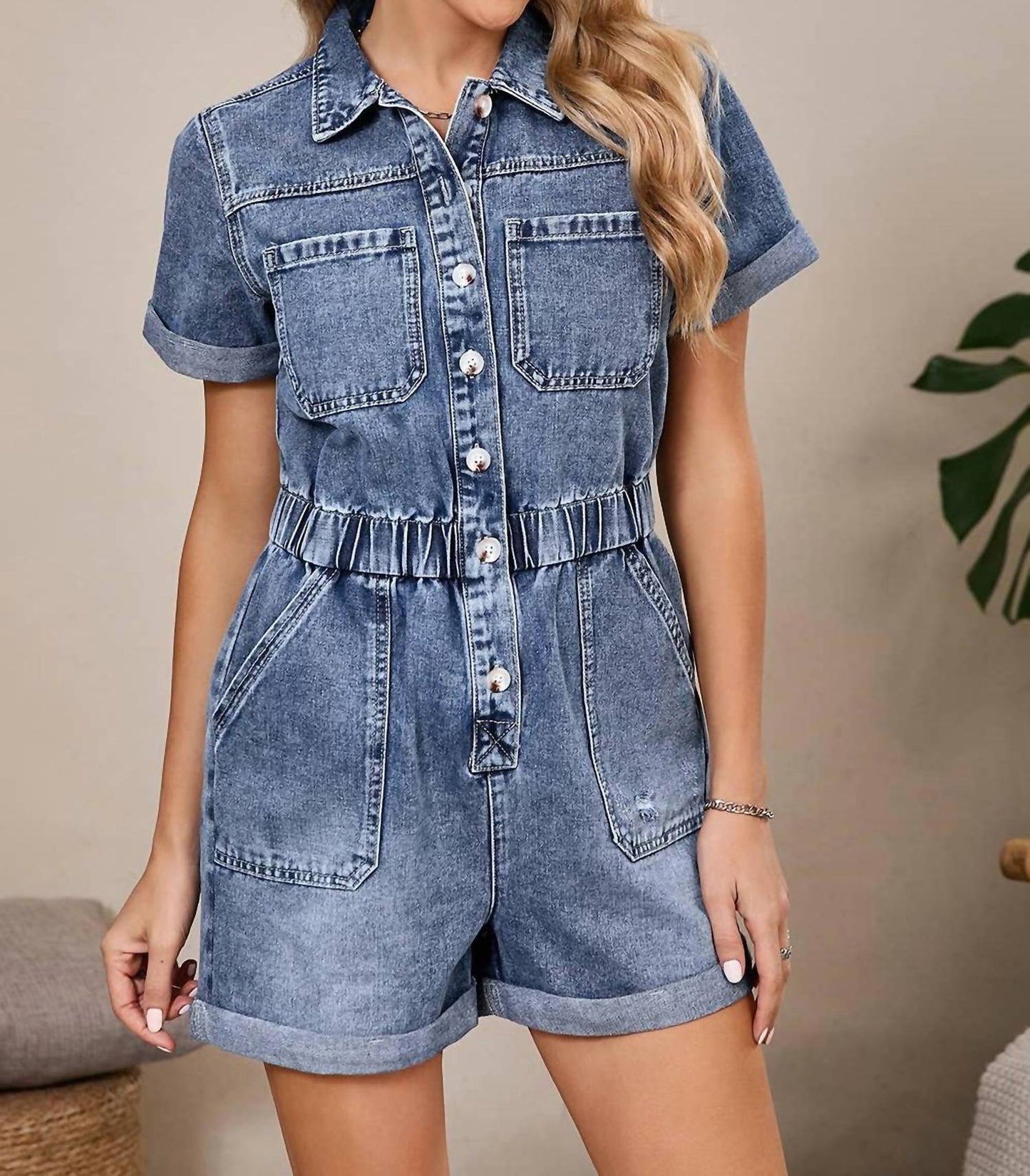 Aapparella - Short Sleeve Denim Button Front Romper