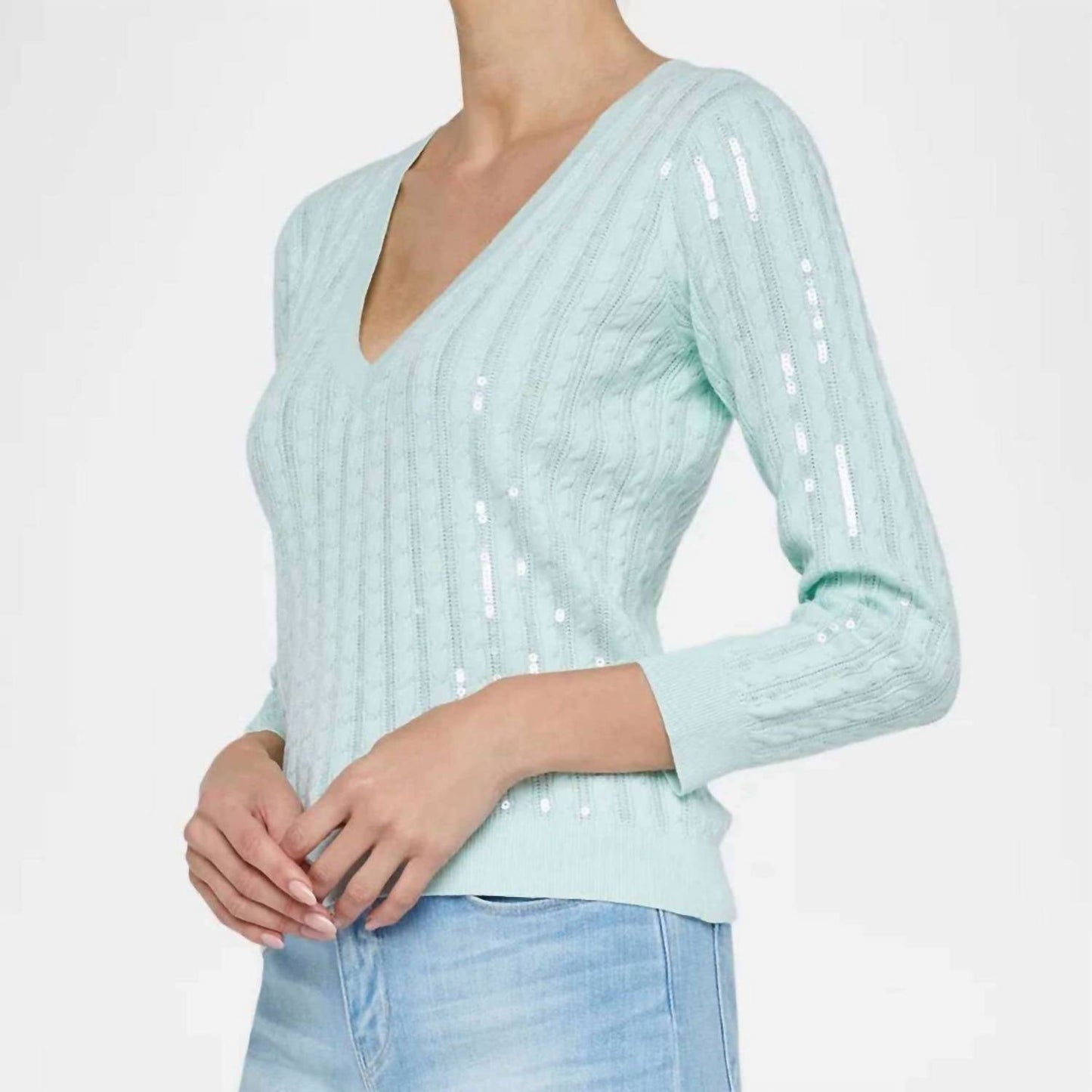 L'Agence - Trinity Sequin Stripe Cable V-neck Sweater