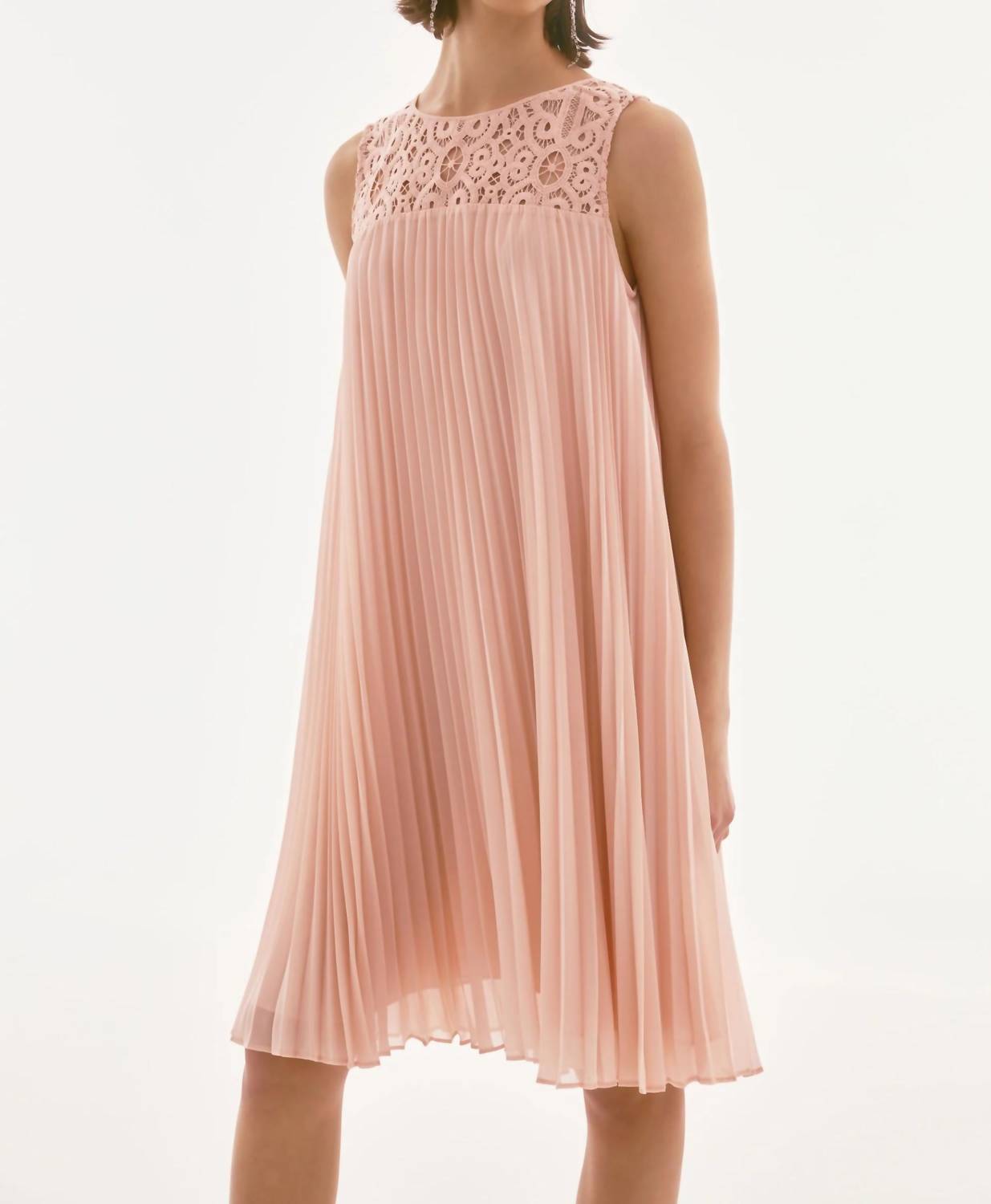 Joseph Ribkoff - Lace Chiffon Pleated Trapeze Midi Dress