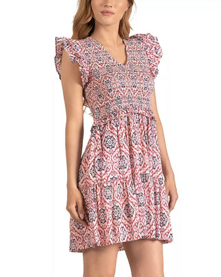 Elan - RUFFLE SLEEVE SMOCKED MINI DRESS