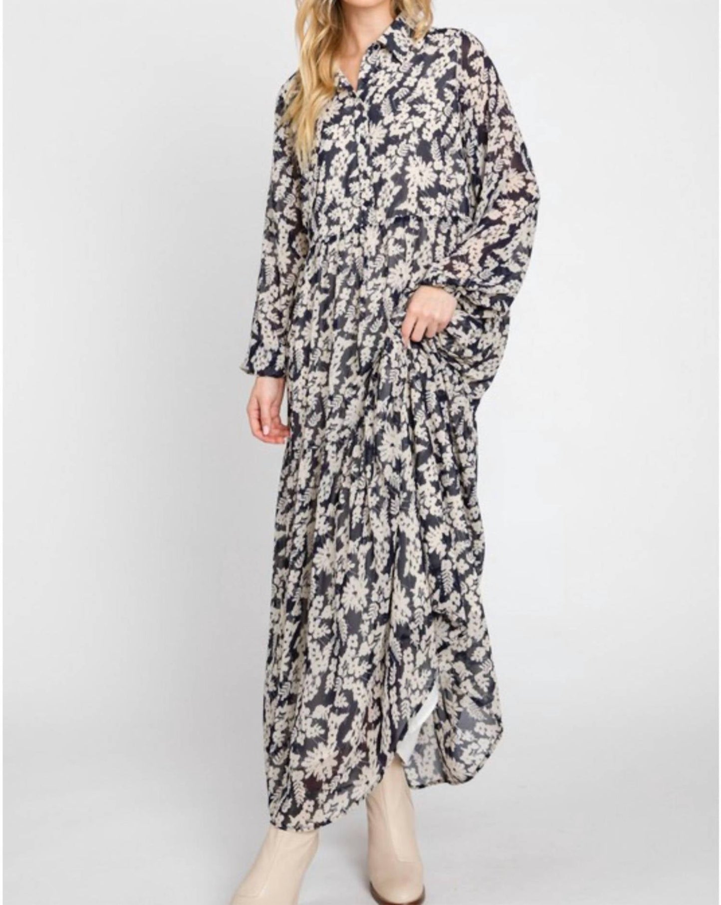 Calista - Oslo Long Sleeve Floral Patterned Tiered Midi Dress