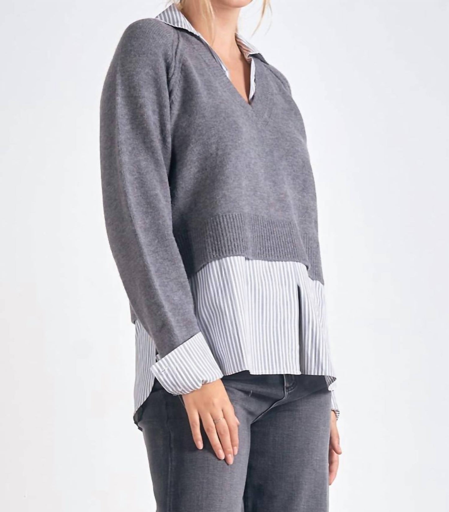 Elan - Stevie Layered Sweater/Striped Shirt Combo