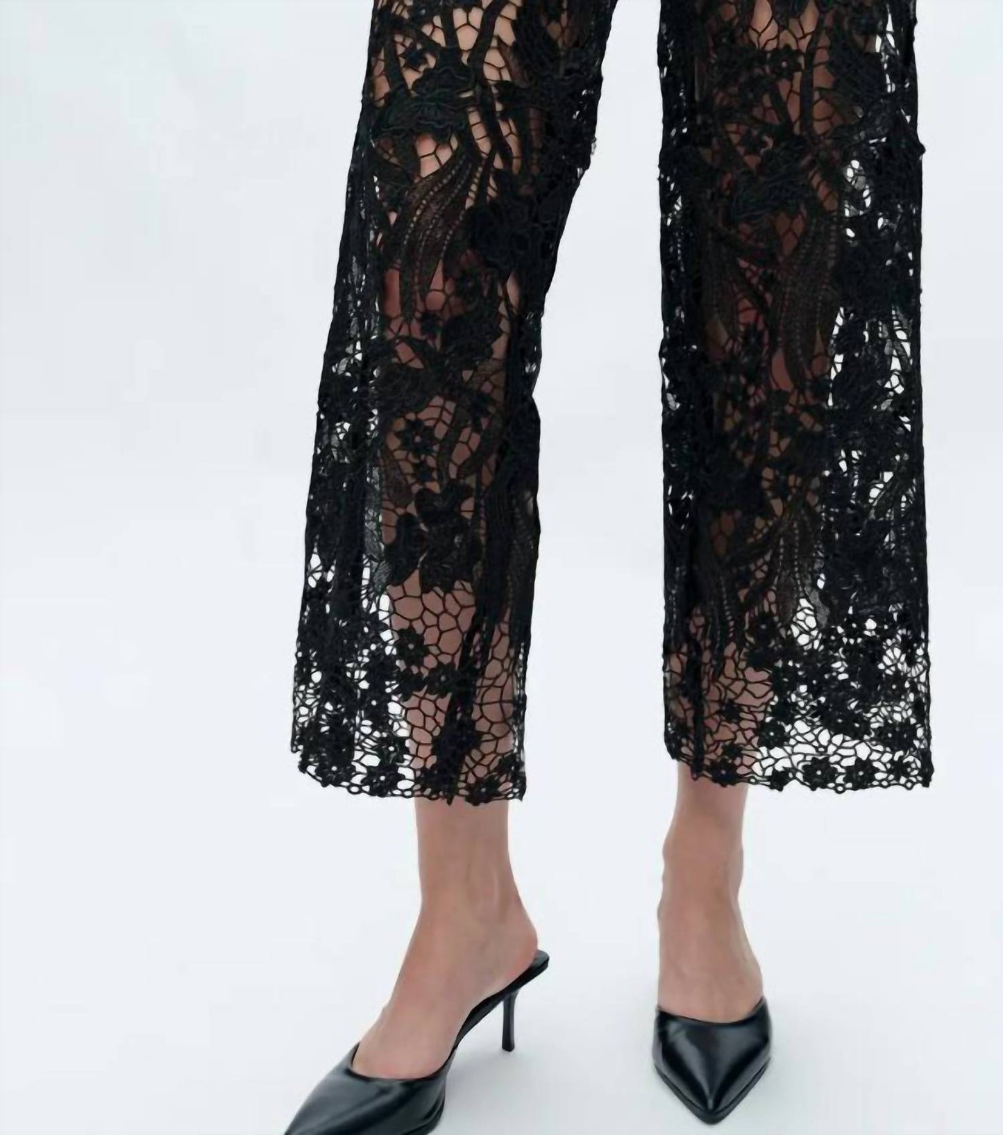 Bayeas - High Waist Crystal Embellished Lace Wide Leg Jeans