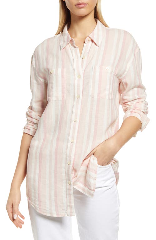 Women's Linen Button-Up Shirt - Pink & Ivory Stripe