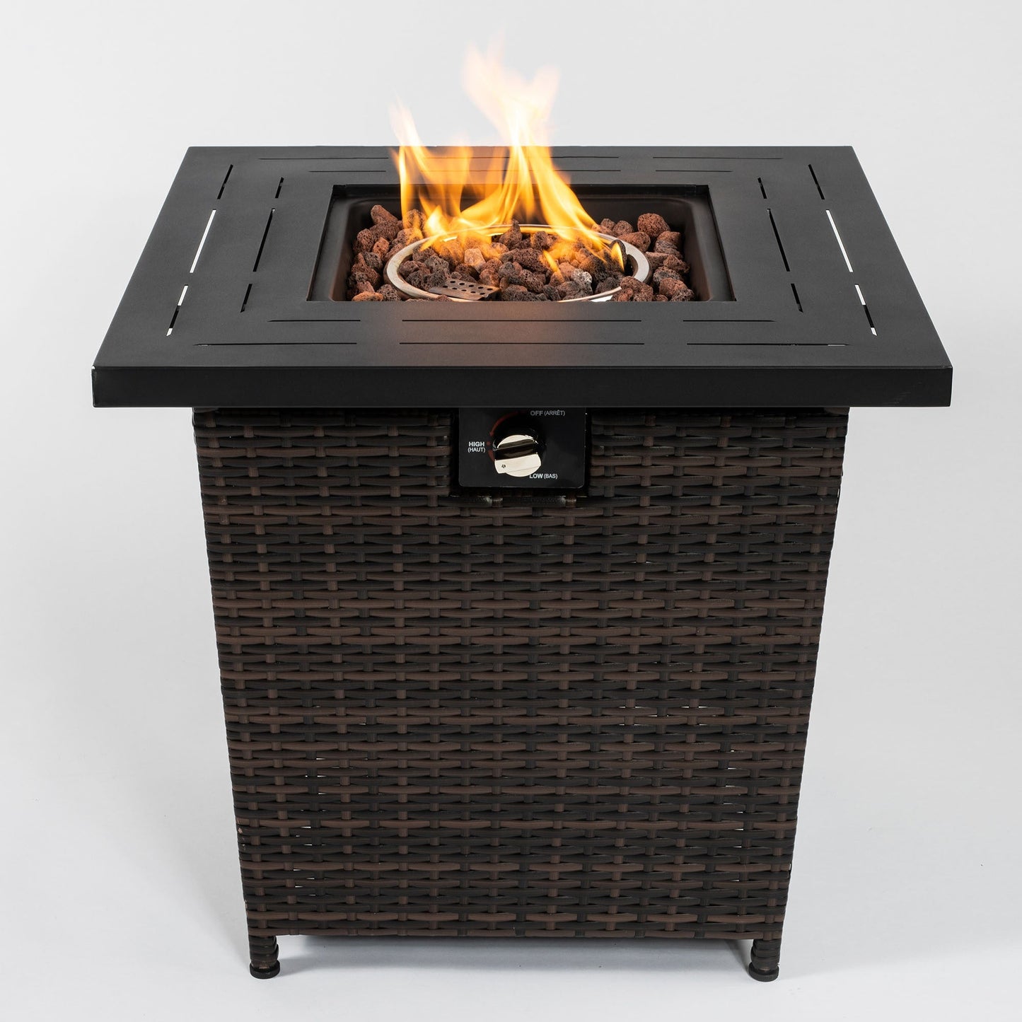 28-Inch Black Wicker Outdoor Propane Gas Fire Pit Table with Steel Top