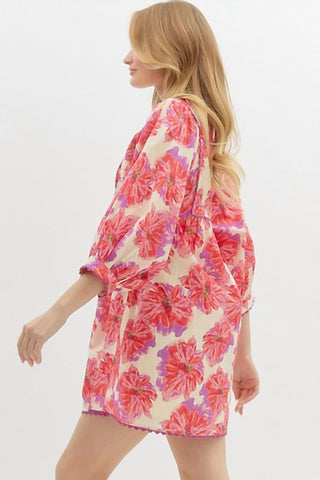 Entro - Floral 3/4 Sleeve Babydoll Mini Dress