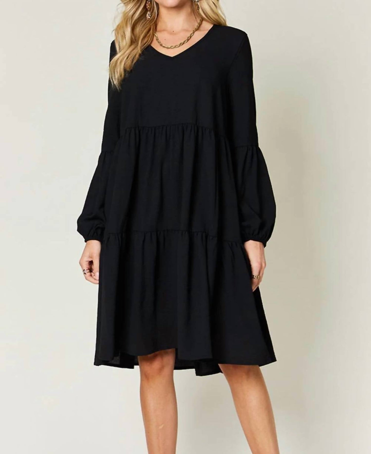 Double Take - V-Neck Balloon Sleeve Tiered Dress