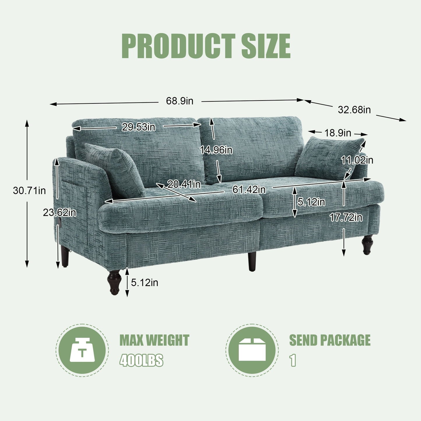 2 Seater Sofa With LED Light, USB Charging Port, And Storage Bag