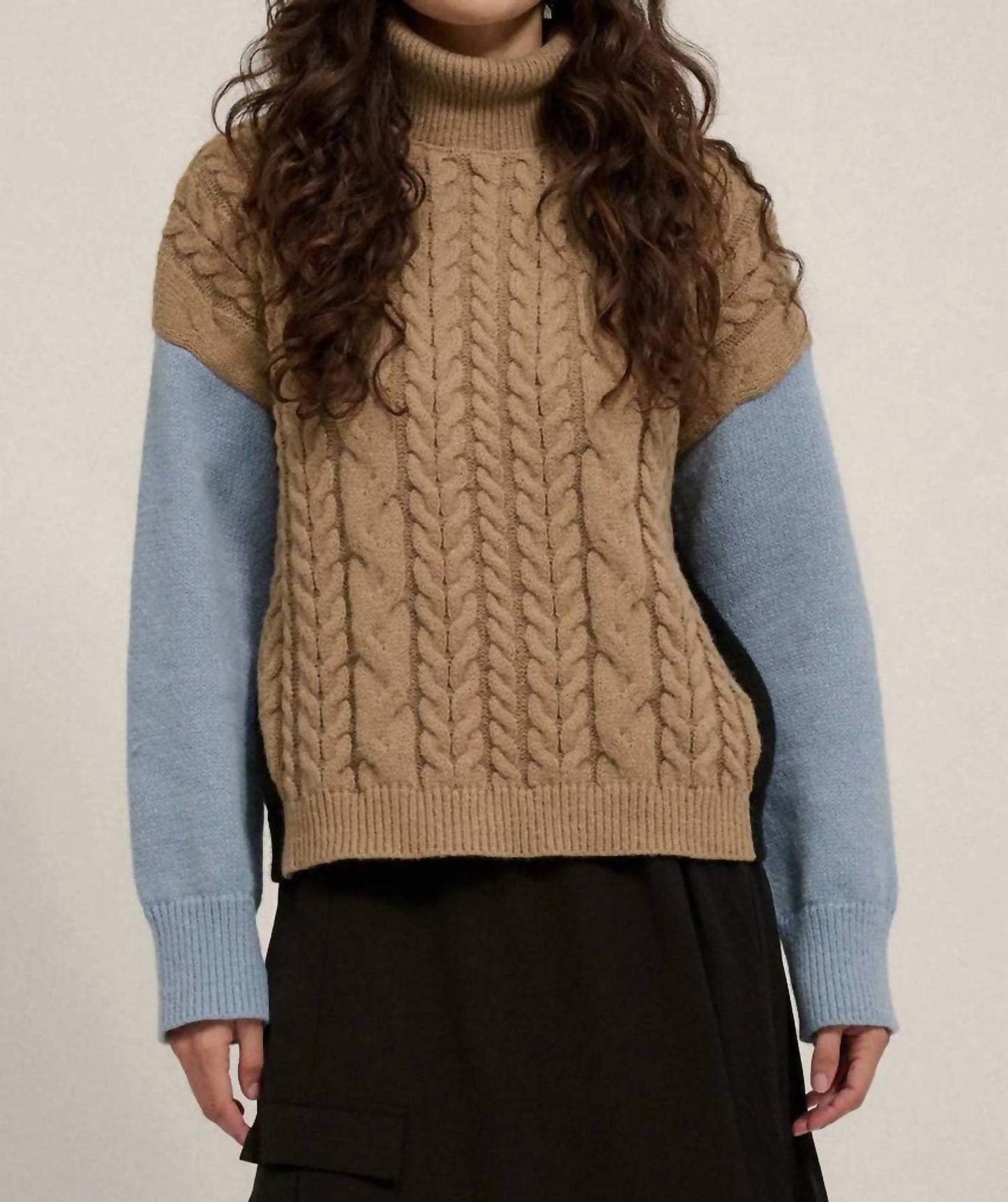 Promesa - Color Block Turtle Neck Cable Knit Sweater
