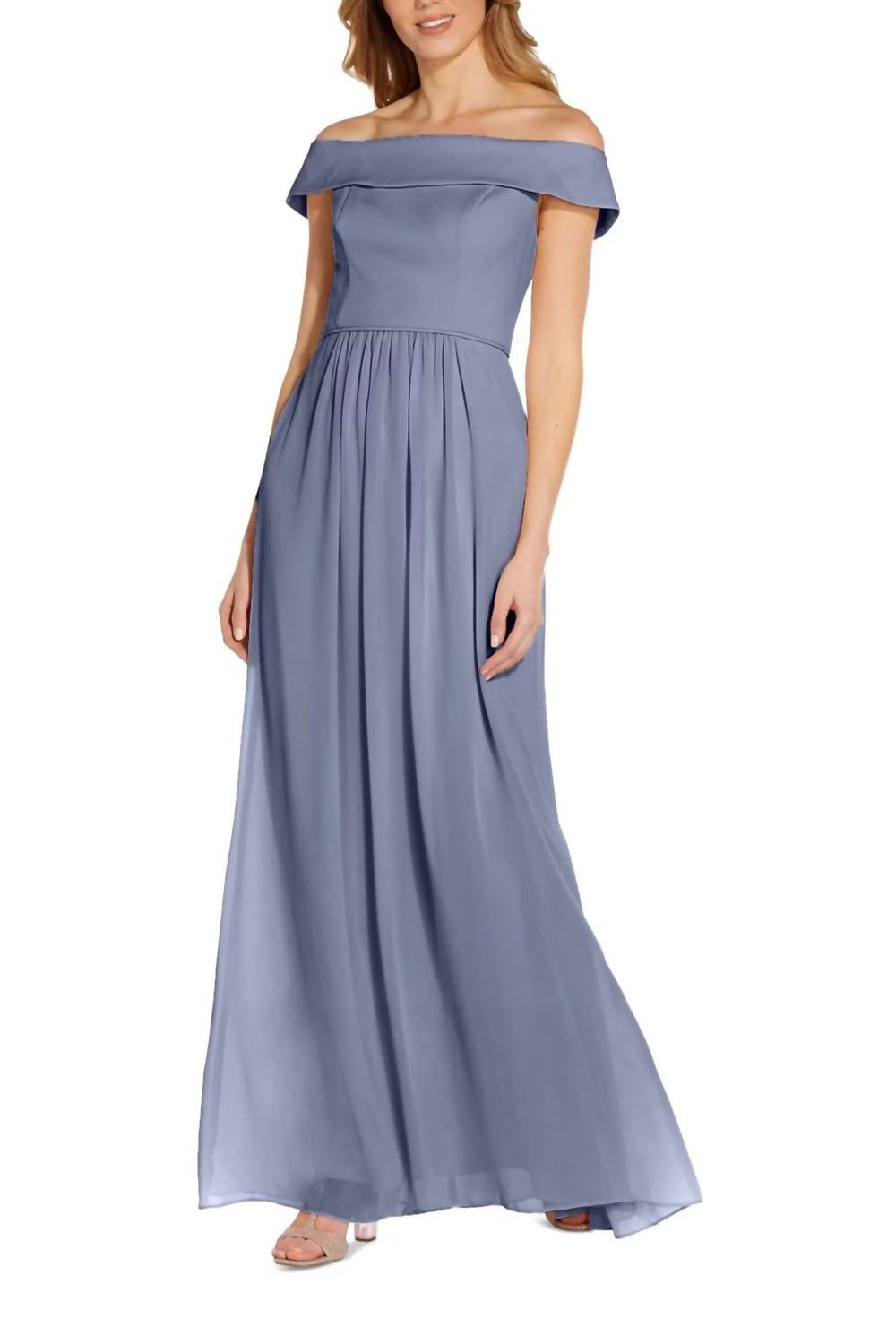 Adrianna Papell - Off Shoulder Ruched Piping Detail Crepe Chiffon Gown