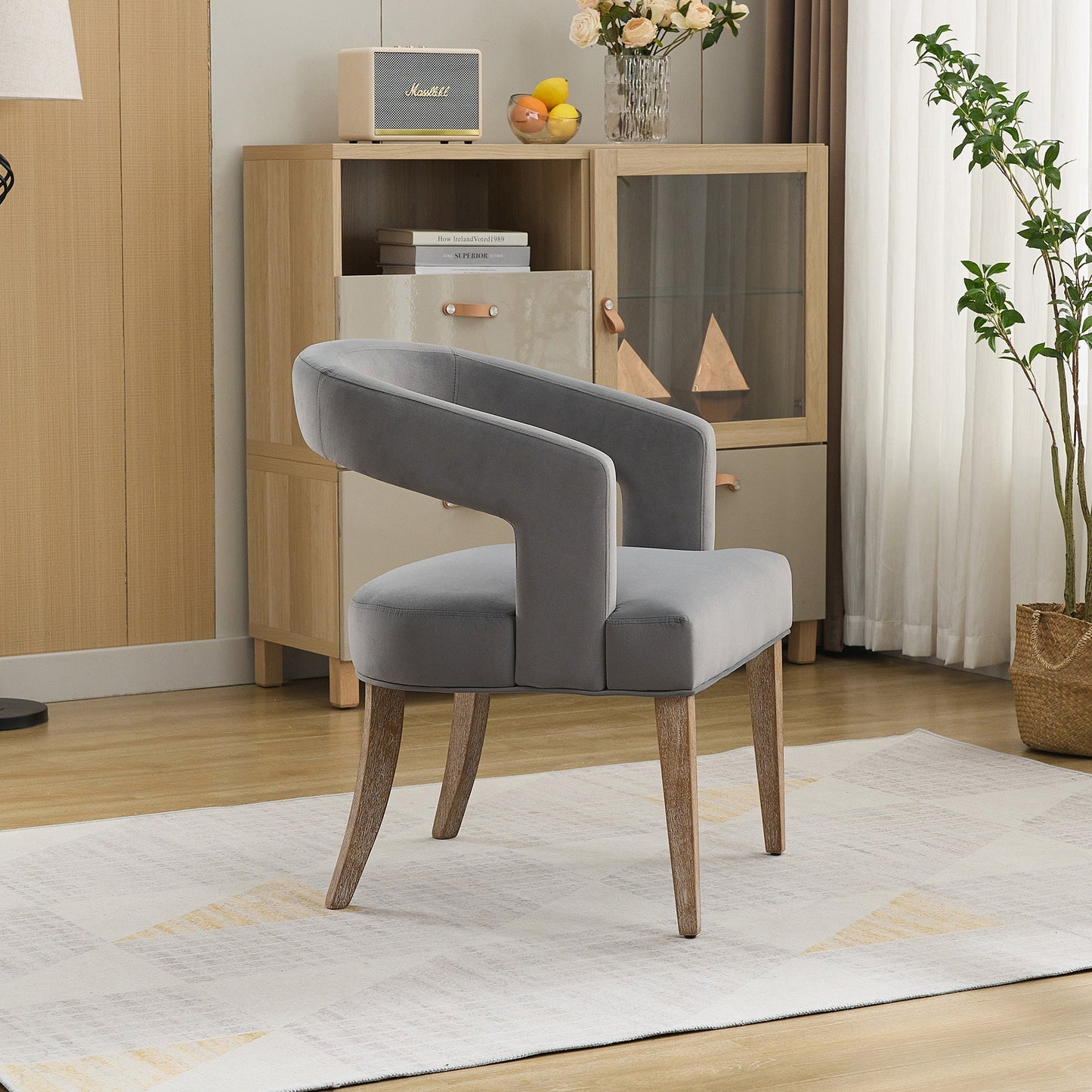 Modern Barrel Open Back Upholstered Accent Chair with Weathered Wood Legs
