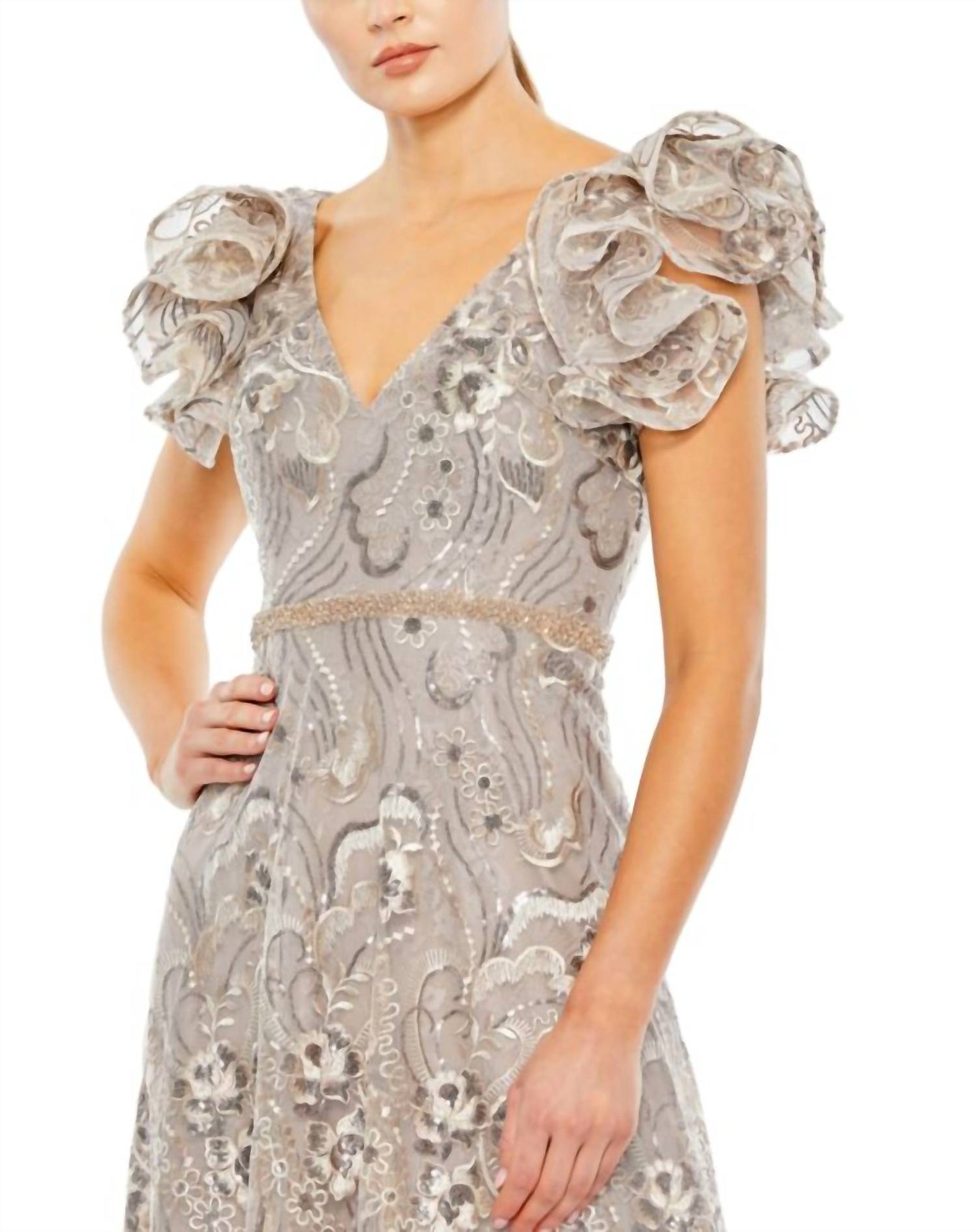 Mac Duggal - Embellished Ruffled Cap Sleeve A Line Dress 68262