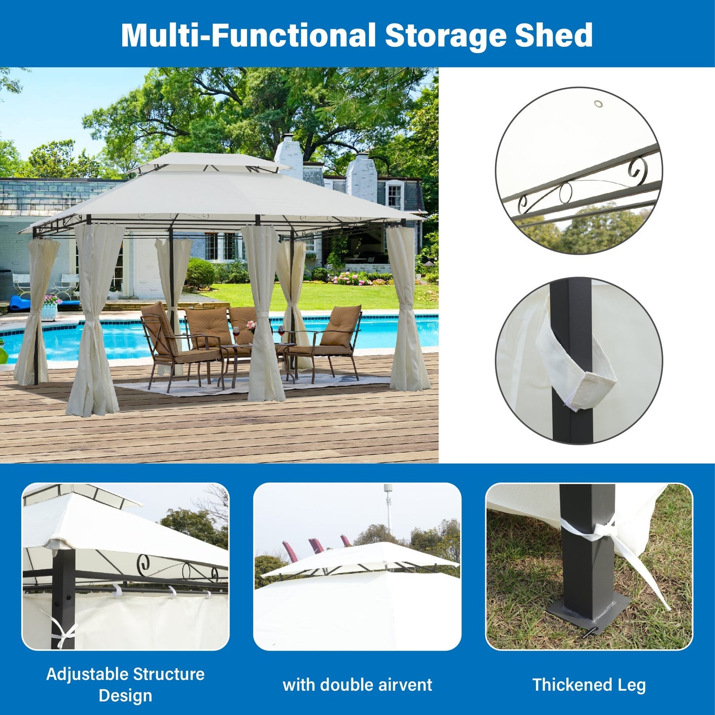 13x10 Outdoor Patio Gazebo Tent with Ventilated Double Roof and Sidewalls