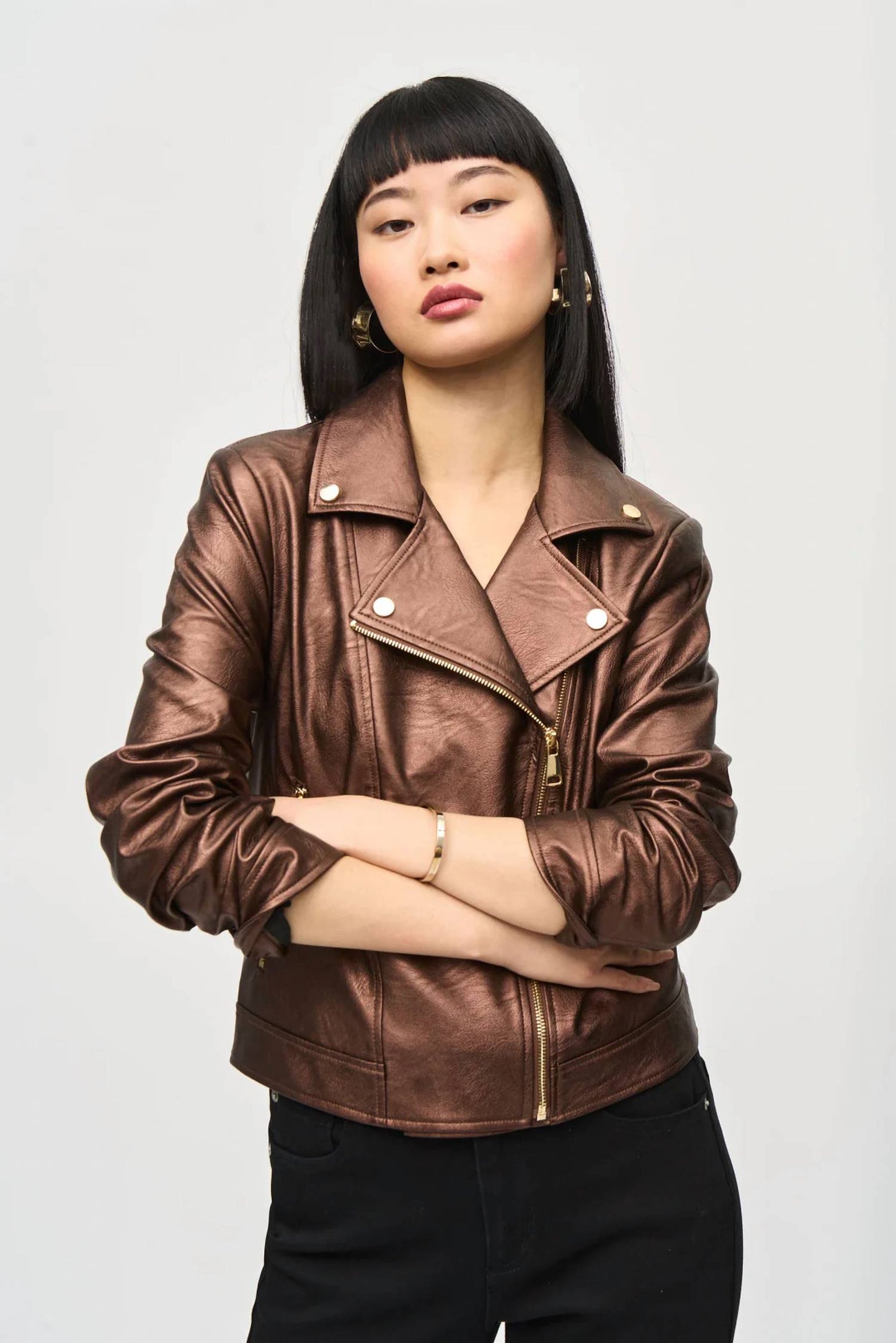 Joseph Ribkoff - Metallic Faux Leather Biker Jacket