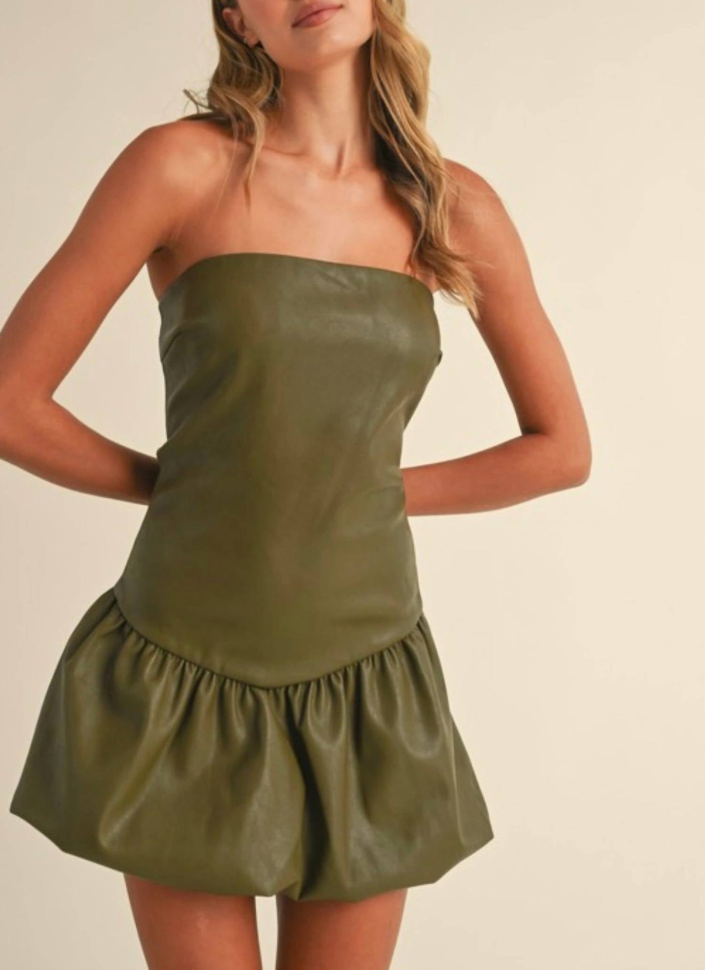 Klesis - Faux Leather Chevron Drop Waist Mini Dress