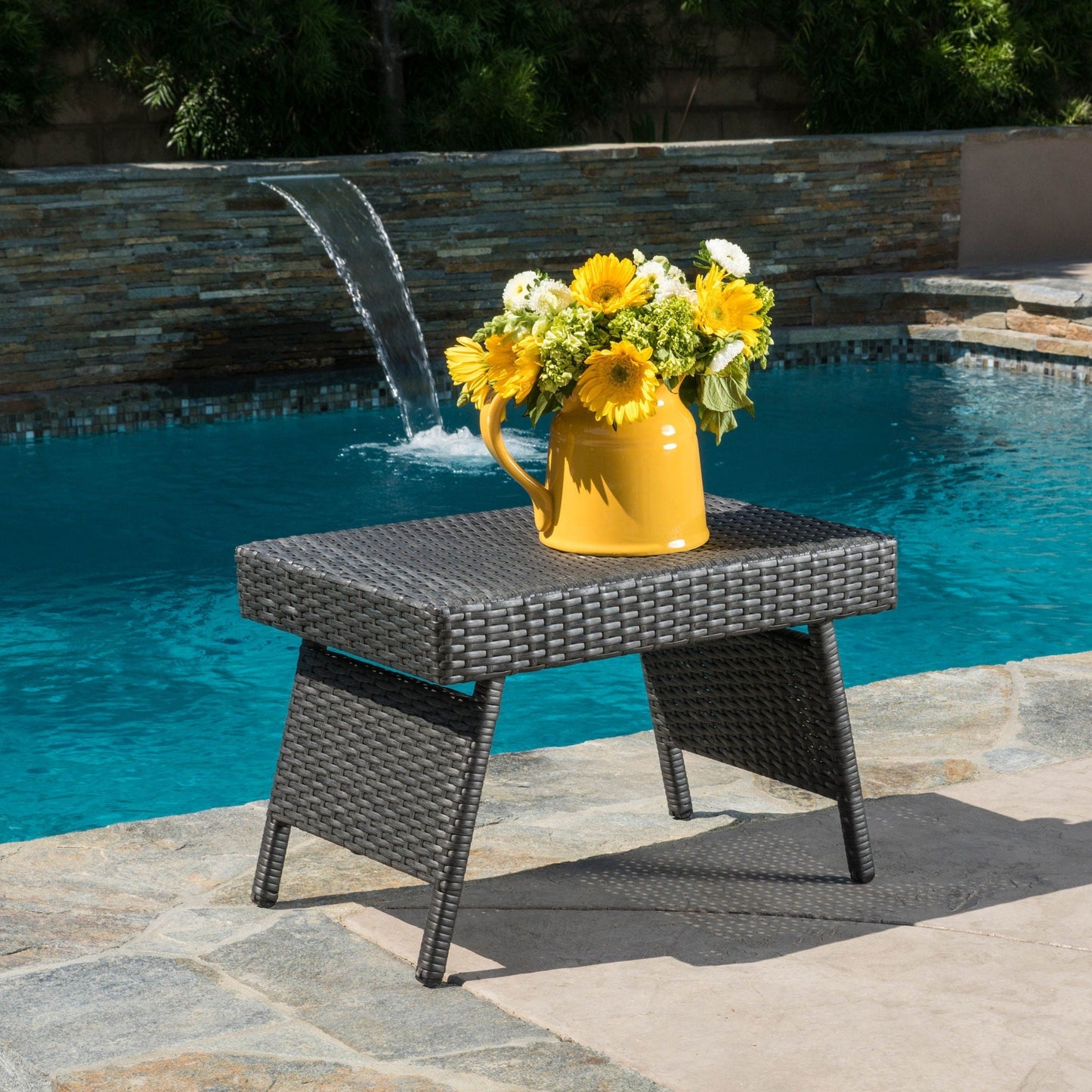 Outdoor Wicker Side Table With Rectangular Tabletop - Gray