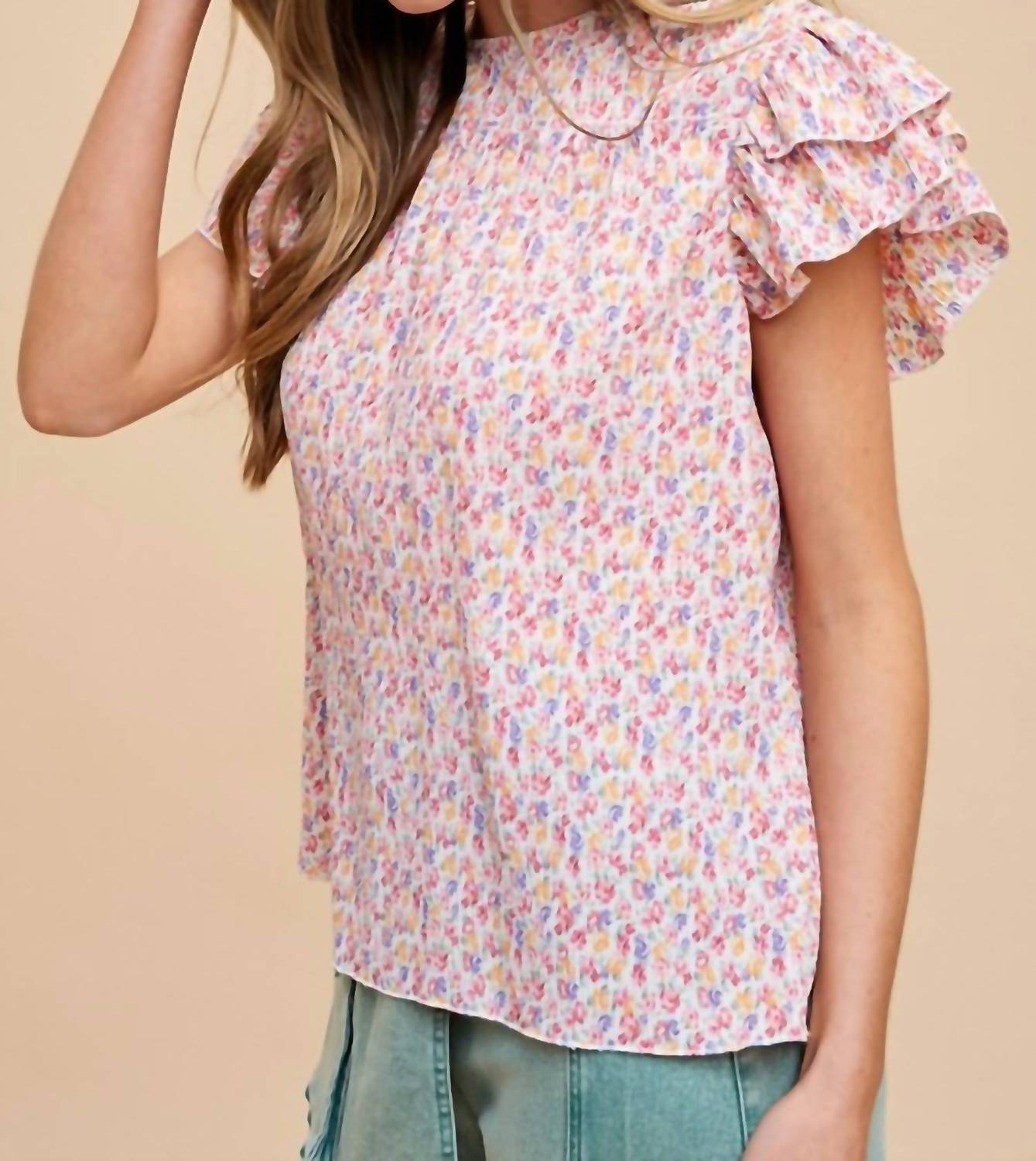 Anniewear - Ditsy Flower Printed Pleats Blouse