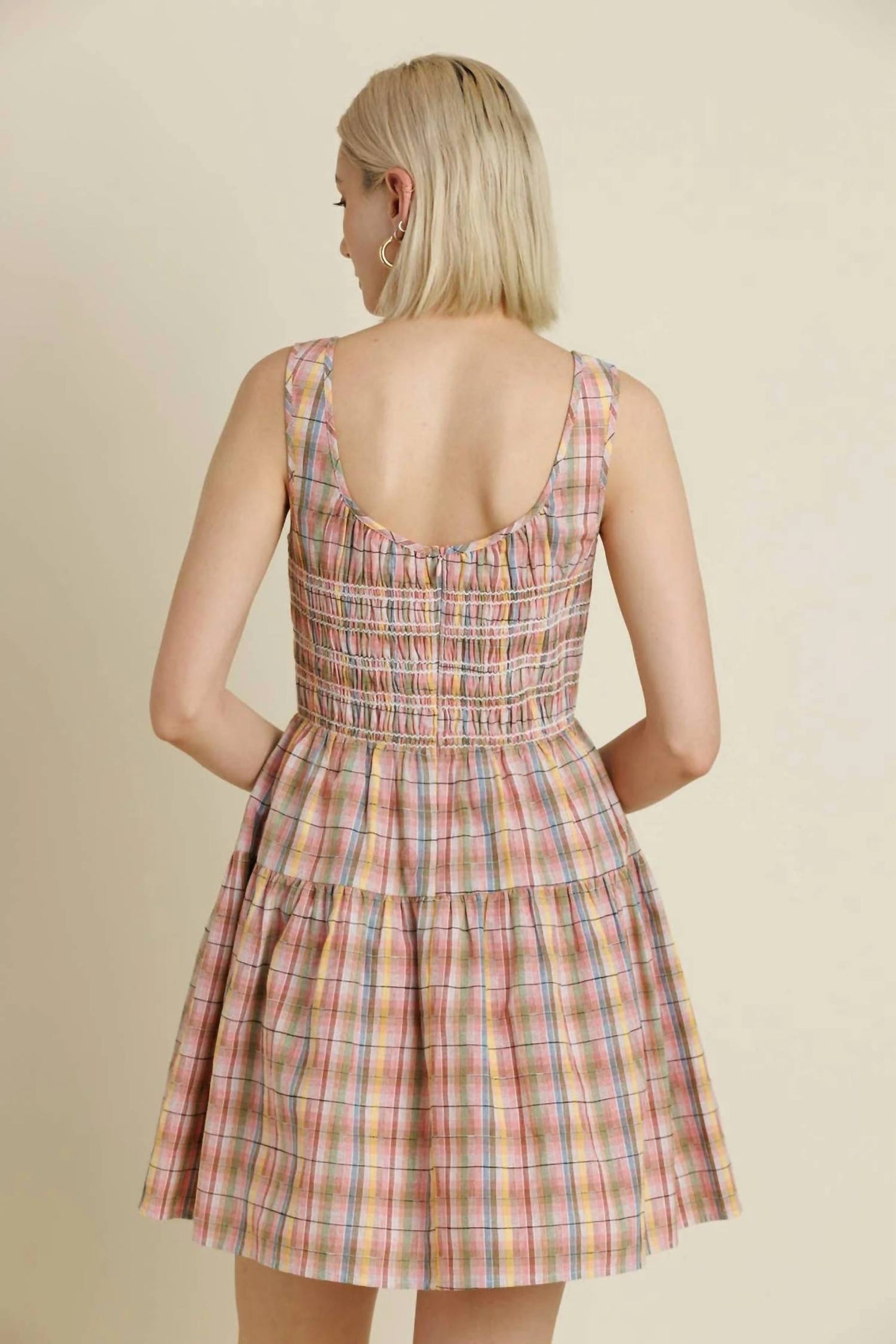 Aureum - Smocked Plaid Mini Dress