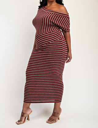 The Curve La - Plus Size Stripe Lurex Knit Off Shoulder Knit Midi Dress