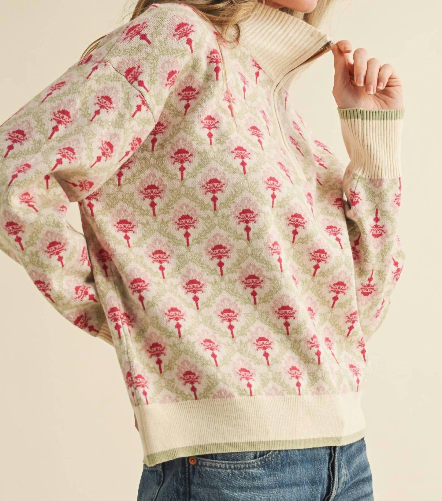 &Merci - Floral Mock Neck Half Zip Pullover Sweater