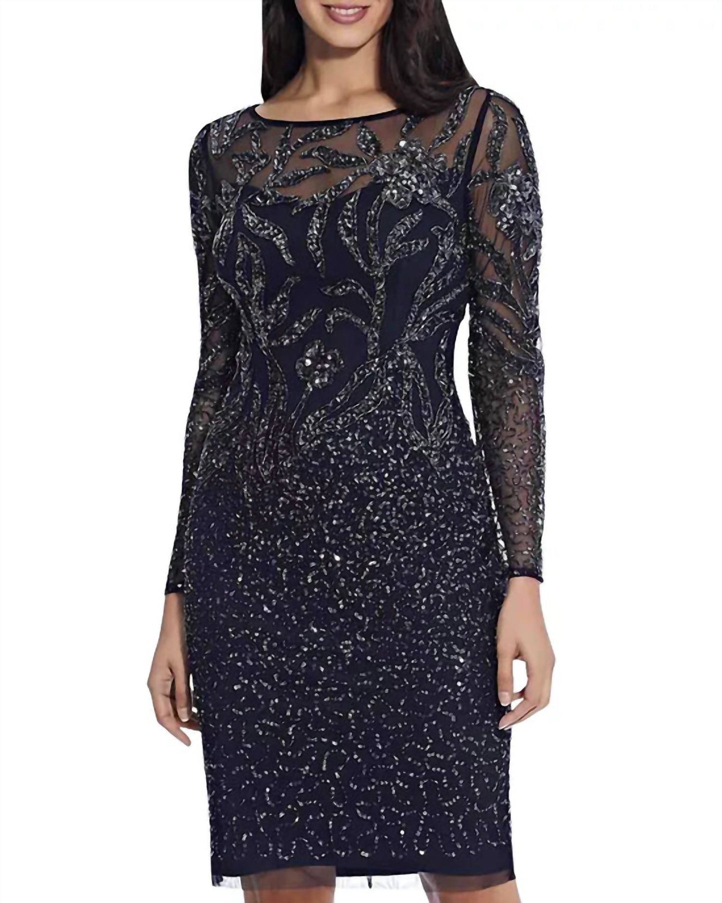 Adrianna Papell - Boat Neck Long Sleeve Mesh Dress