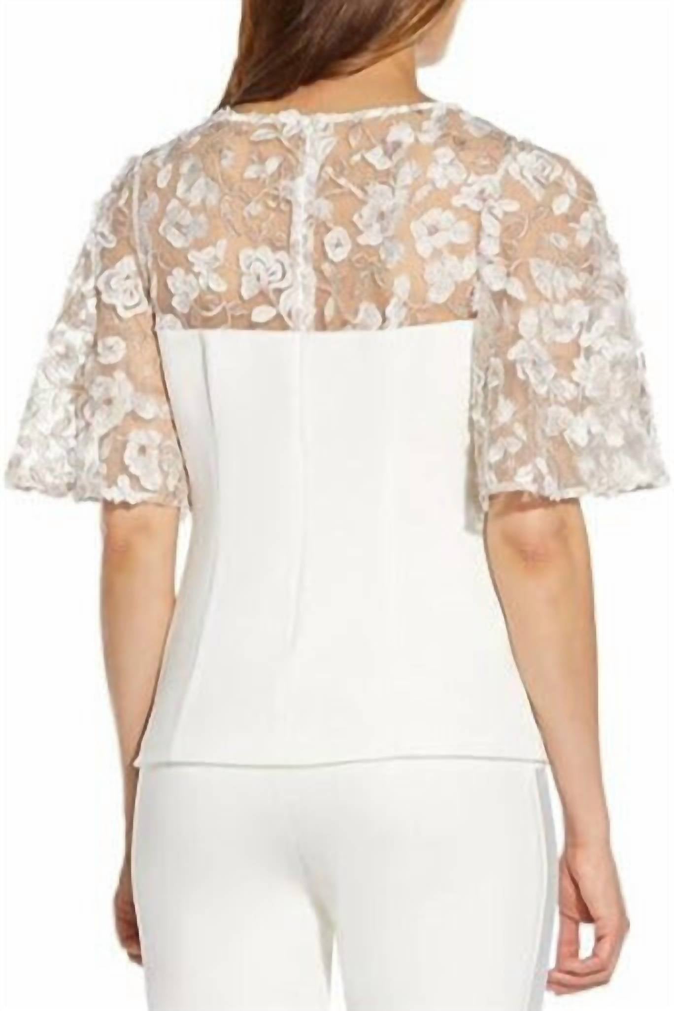Adrianna Papell - Bell Sleeve Zipper Back Illusion Embroidered Crepe Top