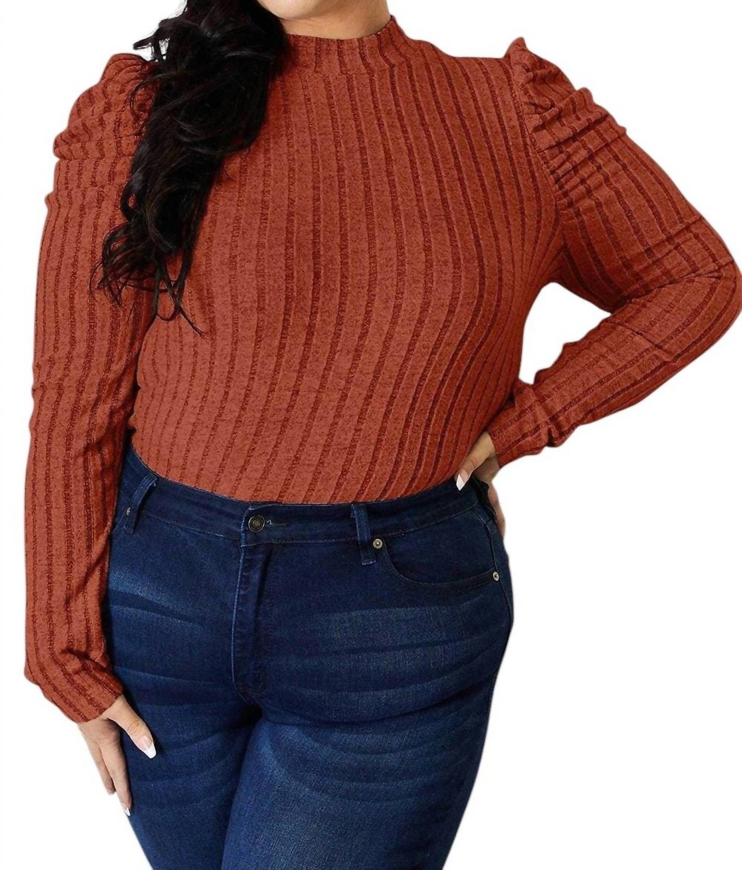 Basic Bae - Ribbed mock neck top with puff sleeves
