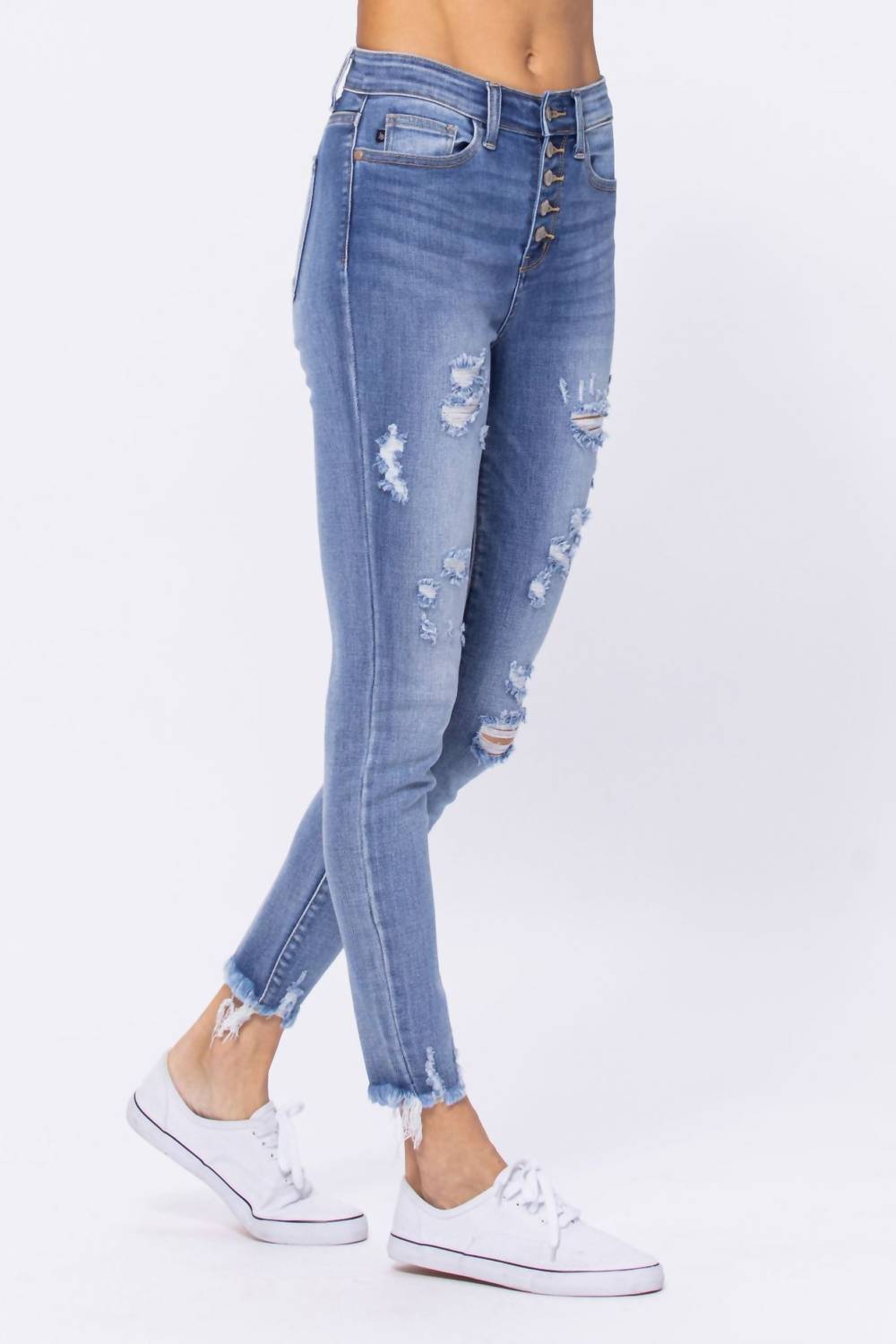 Judy Blue - High Waist Destroyed Button Fly Skinny Denim Jeans
