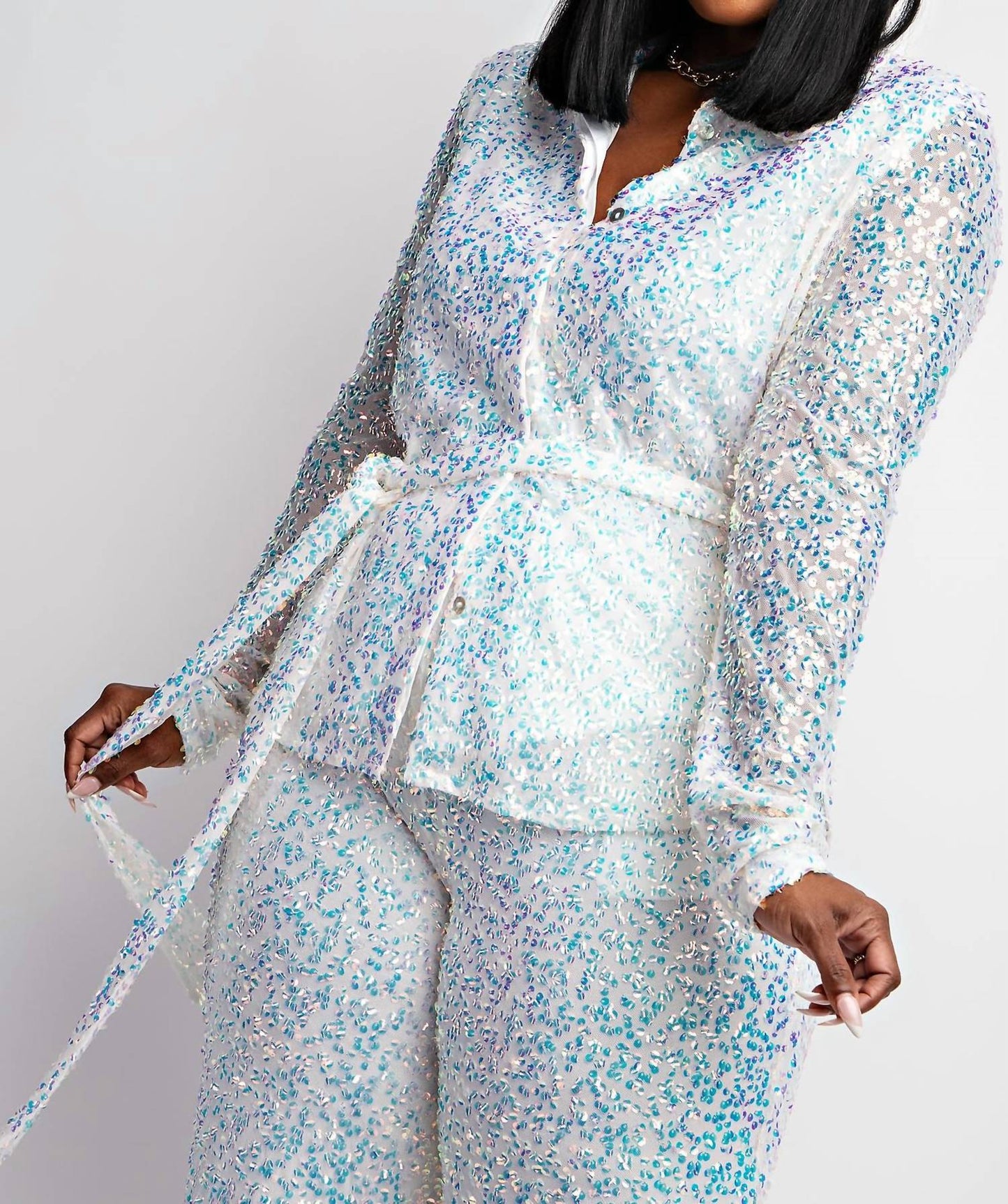 The Curve La - Plus Size Sequins Shirt And Wide-leg Pants Set